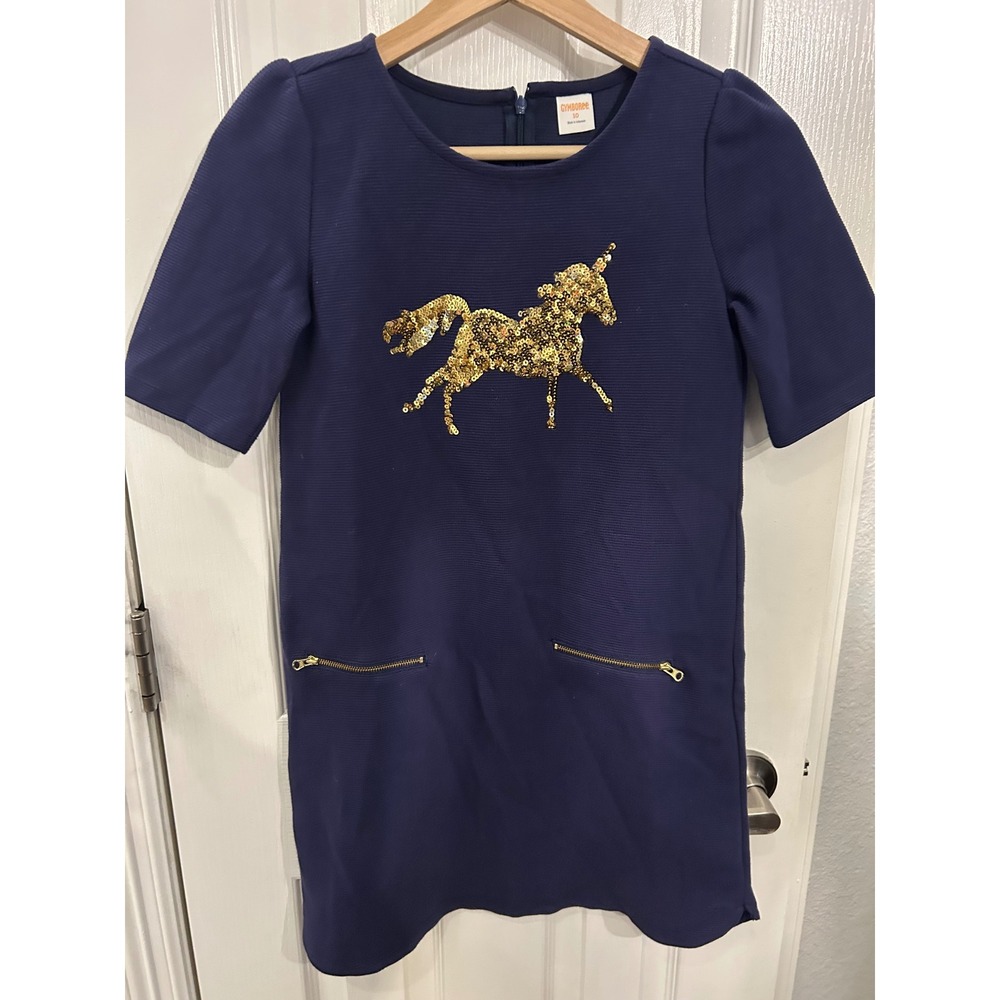 Gymboree Girls Navy Blue Sequin Unicorn Shift Dress Gold Zipper Pockets 10 k7072
